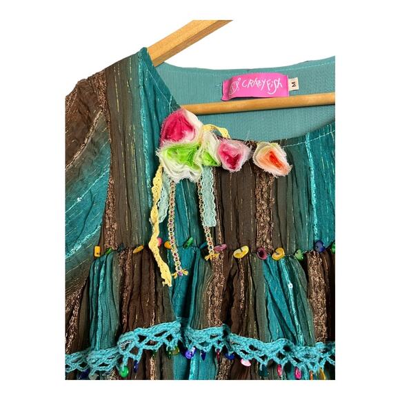Crazy Fish Layered Mini Dress Tunic Women's Size M Bohemian Cottagecore boho - Picture 3 of 6